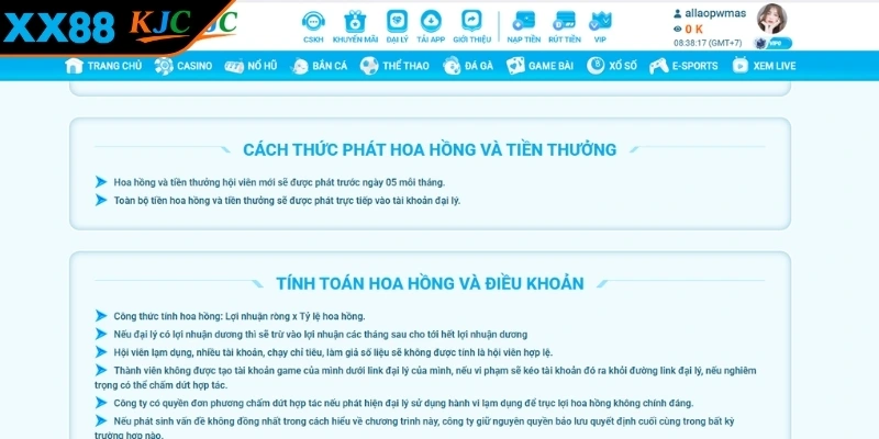 Thời gian tính hoa hồng đại lý XX88